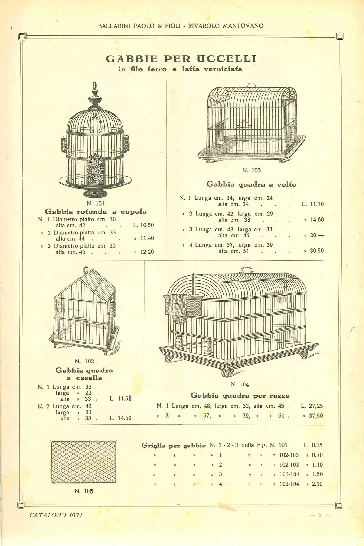 A 1931 Ballarini Paolo & Figli workshop price list showing bird cages and prices in lire